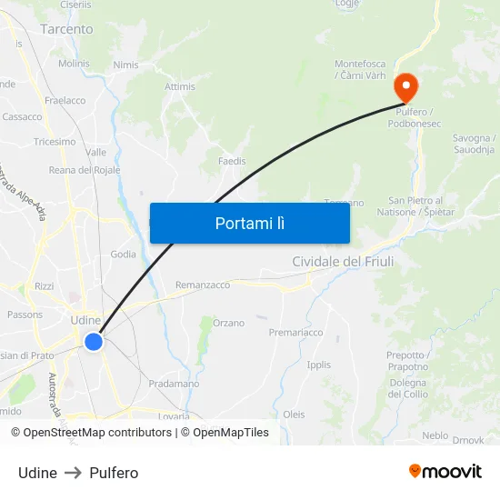 Udine to Pulfero map