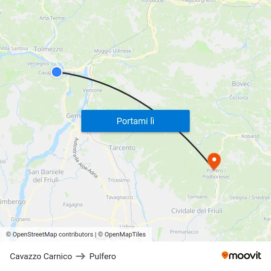 Cavazzo Carnico to Pulfero map