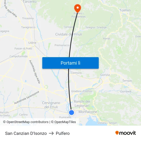 San Canzian D'Isonzo to Pulfero map