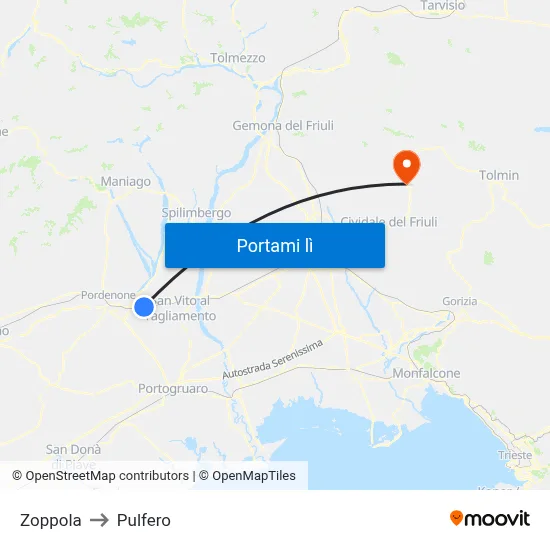 Zoppola to Pulfero map