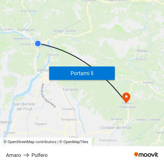 Amaro to Pulfero map