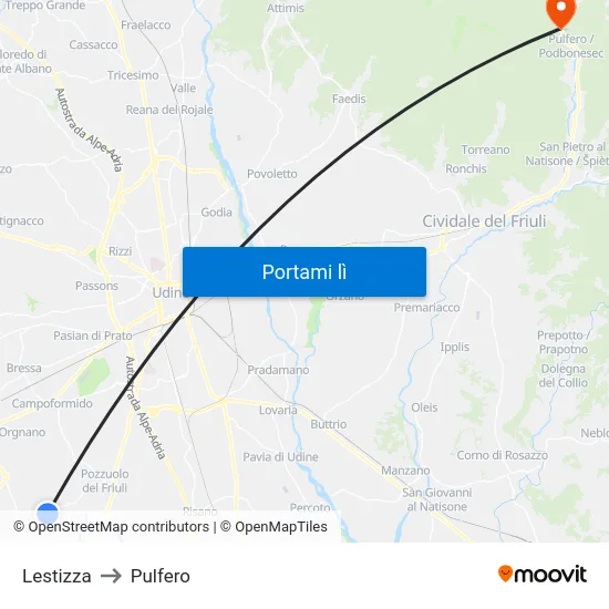 Lestizza to Pulfero map