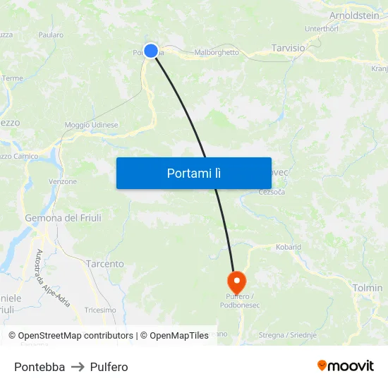 Pontebba to Pulfero map