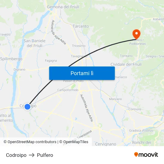 Codroipo to Pulfero map