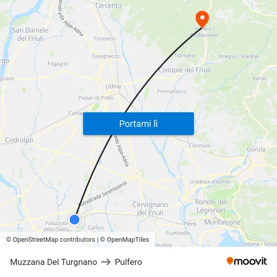 Muzzana Del Turgnano to Pulfero map