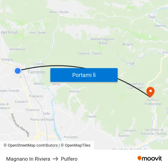 Magnano In Riviera to Pulfero map