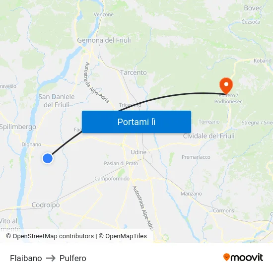 Flaibano to Pulfero map