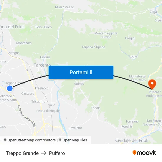 Treppo Grande to Pulfero map