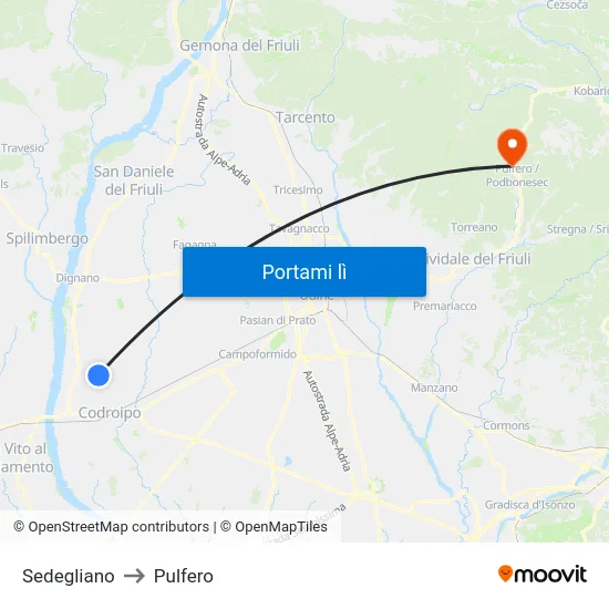 Sedegliano to Pulfero map