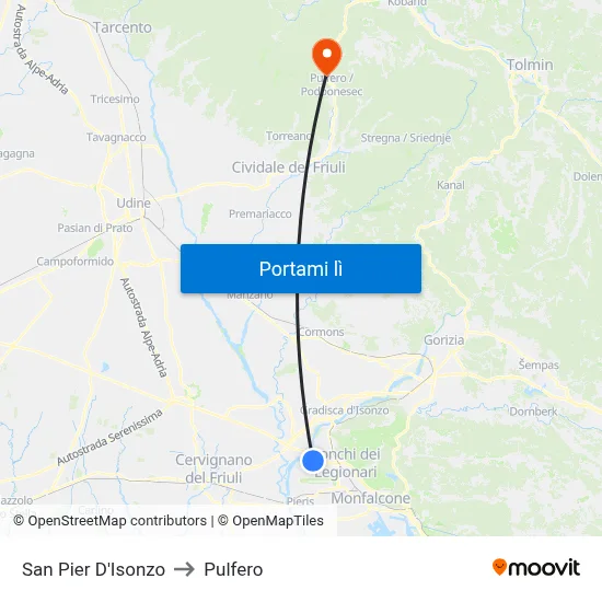 San Pier D'Isonzo to Pulfero map