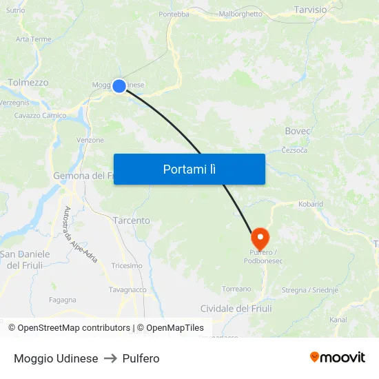 Moggio Udinese to Pulfero map