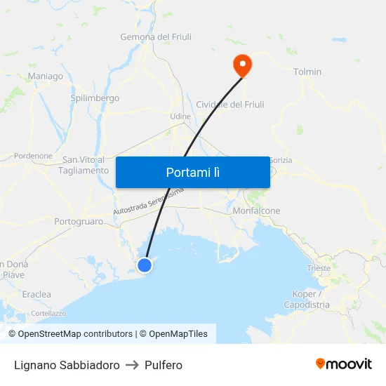 Lignano Sabbiadoro to Pulfero map