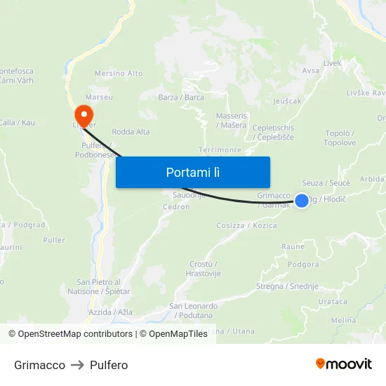 Grimacco to Pulfero map