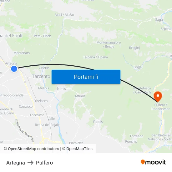 Artegna to Pulfero map