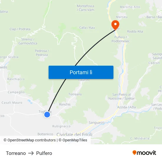 Torreano to Pulfero map