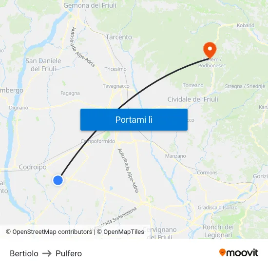 Bertiolo to Pulfero map