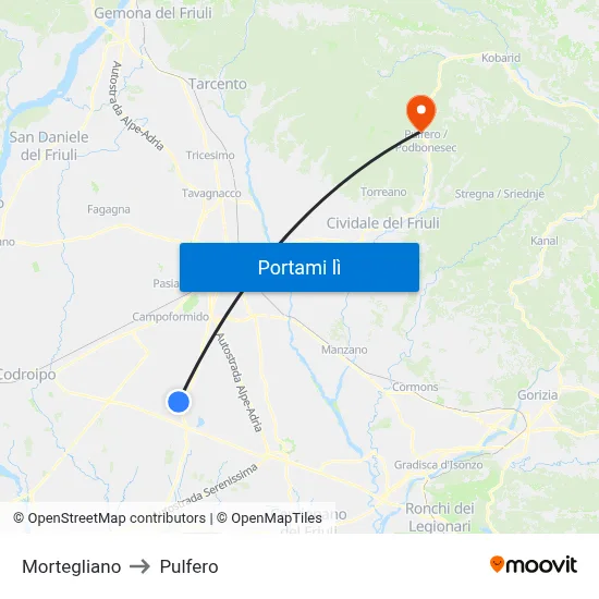 Mortegliano to Pulfero map