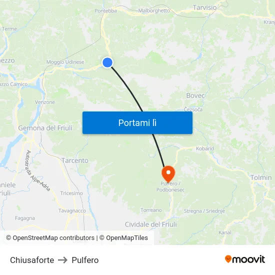 Chiusaforte to Pulfero map