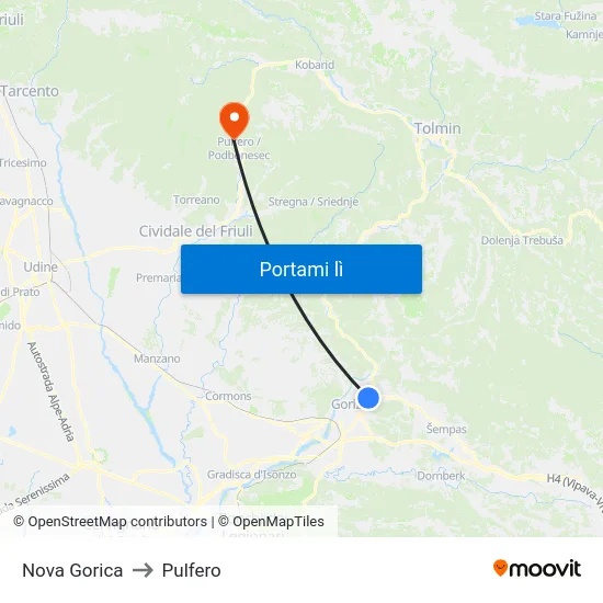 Nova Gorica to Pulfero map