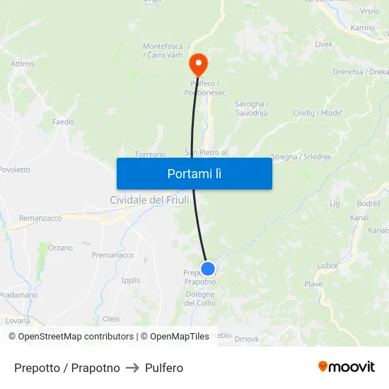 Prepotto / Prapotno to Pulfero map