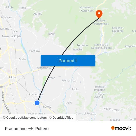 Pradamano to Pulfero map