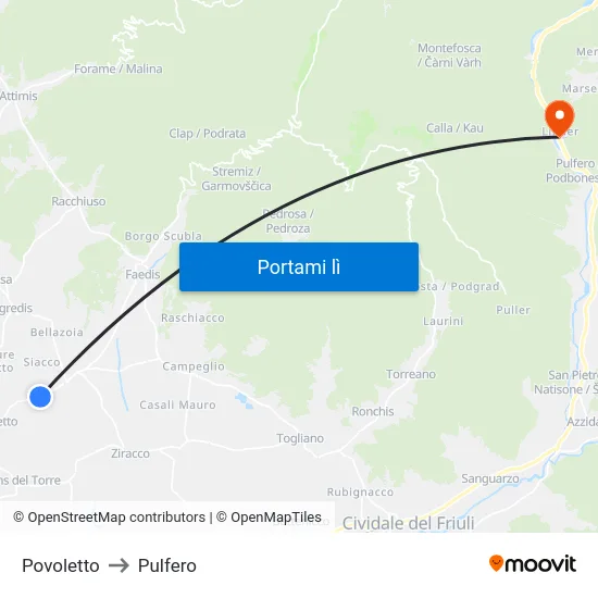 Povoletto to Pulfero map