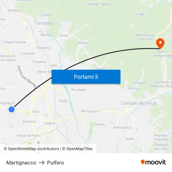 Martignacco to Pulfero map