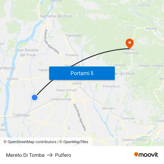 Mereto Di Tomba to Pulfero map
