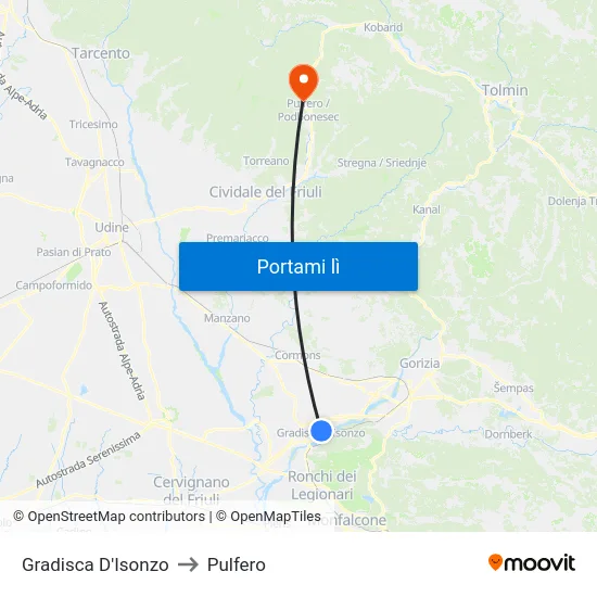 Gradisca D'Isonzo to Pulfero map