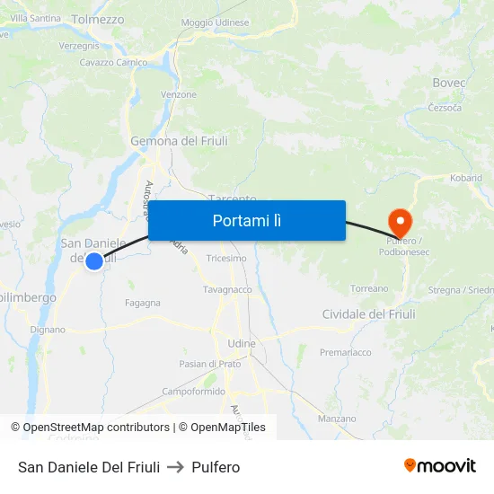 San Daniele Del Friuli to Pulfero map