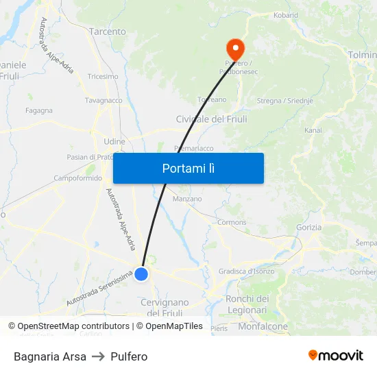 Bagnaria Arsa to Pulfero map