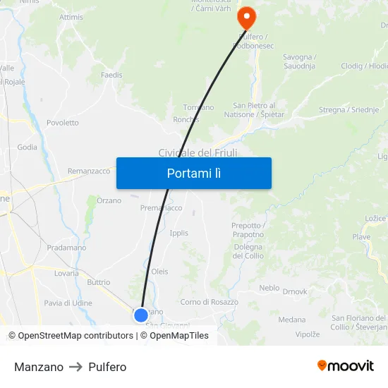 Manzano to Pulfero map