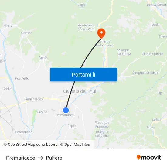 Premariacco to Pulfero map
