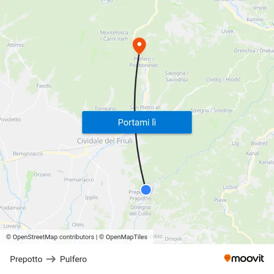 Prepotto to Pulfero map