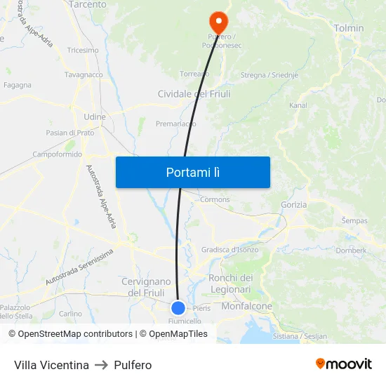 Villa Vicentina to Pulfero map