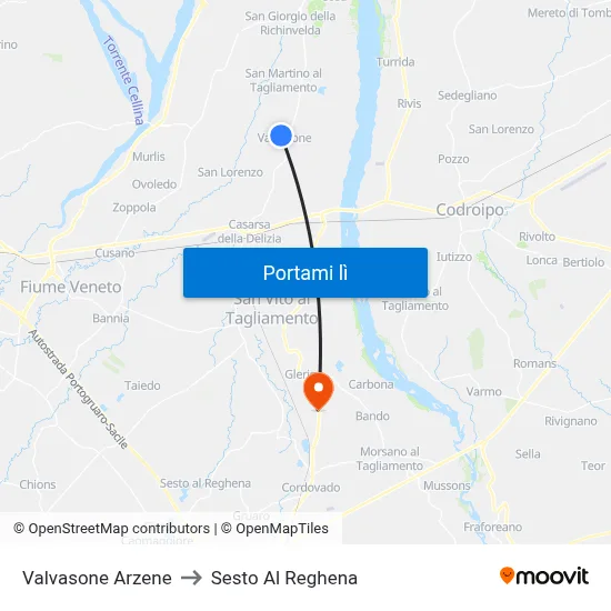 Valvasone Arzene to Sesto Al Reghena map