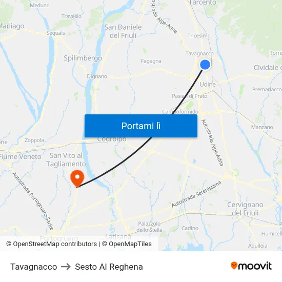 Tavagnacco to Sesto Al Reghena map