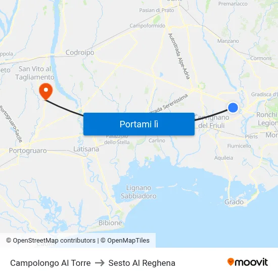 Campolongo Al Torre to Sesto Al Reghena map