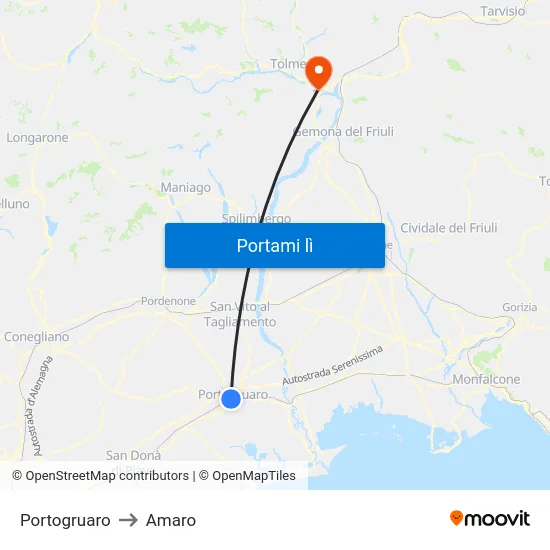 Portogruaro to Amaro map