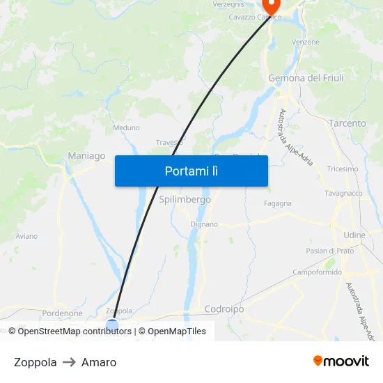 Zoppola to Amaro map
