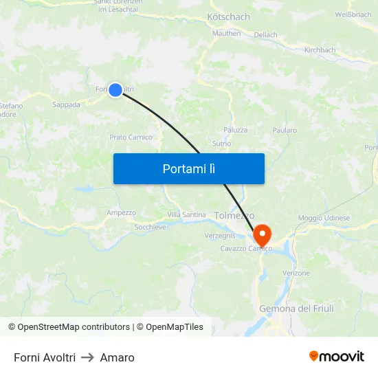 Forni Avoltri to Amaro map