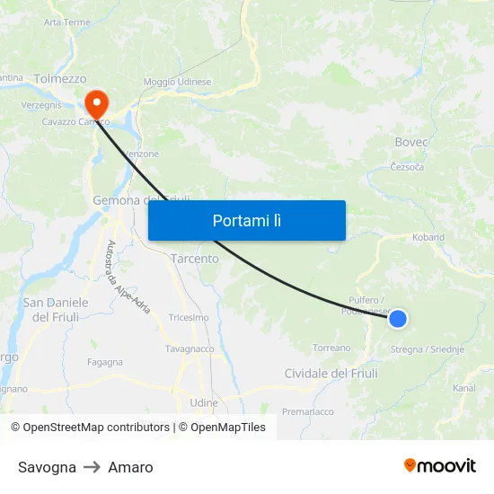 Savogna to Amaro map