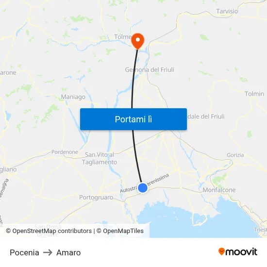 Pocenia to Amaro map