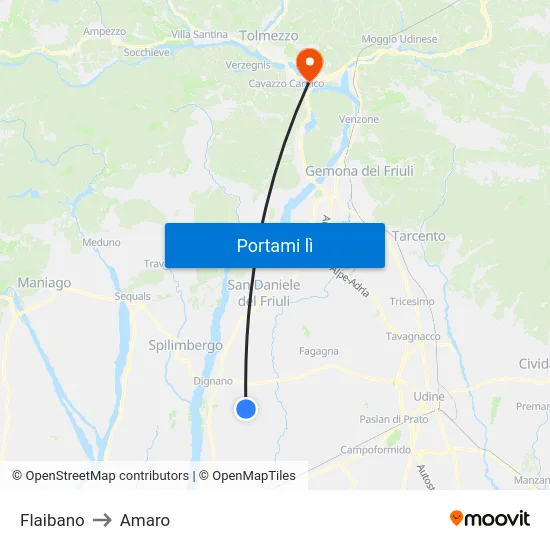 Flaibano to Amaro map