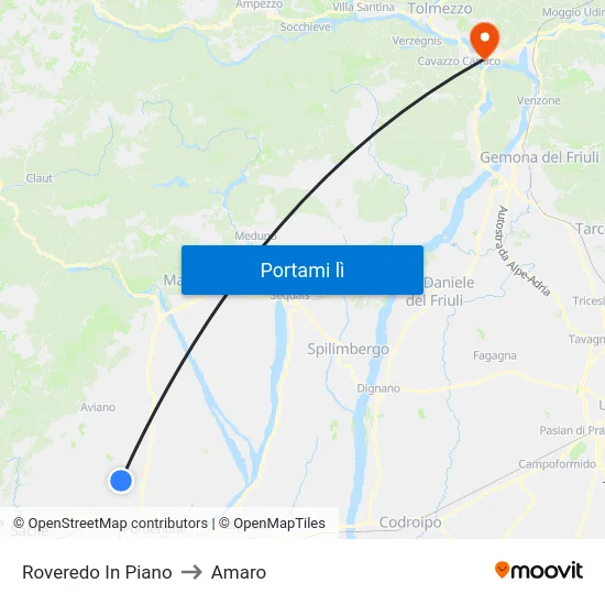 Roveredo In Piano to Amaro map