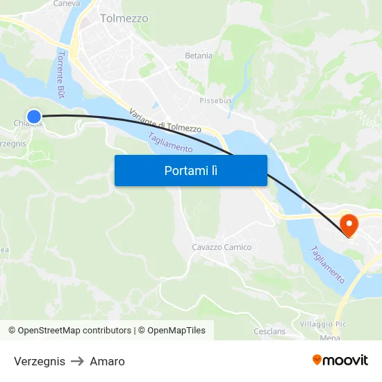 Verzegnis to Amaro map