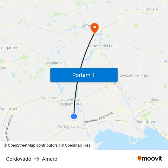 Cordovado to Amaro map