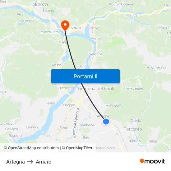 Artegna to Amaro map