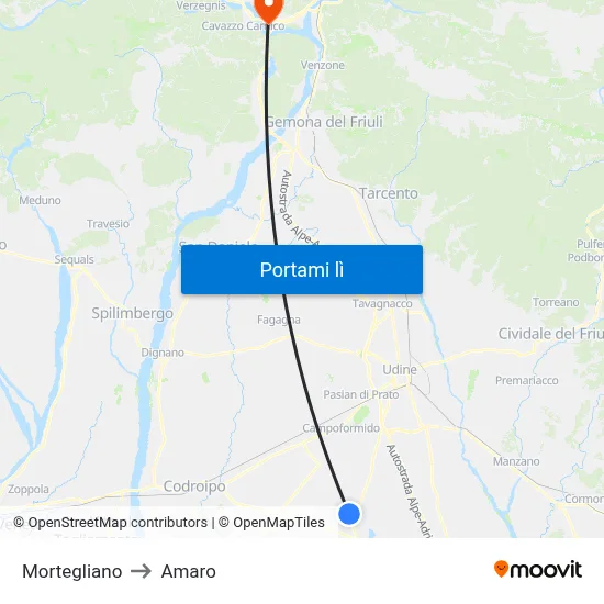 Mortegliano to Amaro map