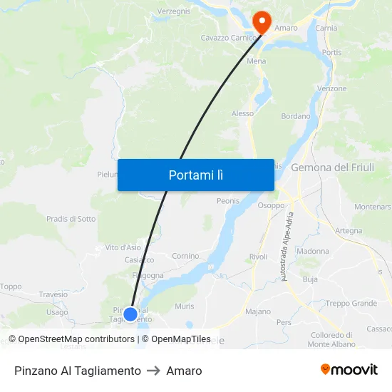 Pinzano Al Tagliamento to Amaro map